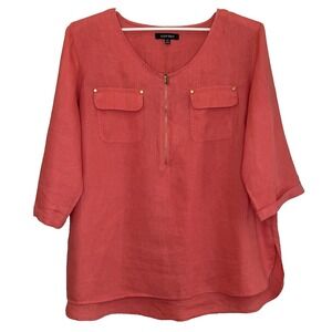 Ellen Tracy Tunic Top Womens Size 2X Salmon 100% Linen 3/4 Sleeve V-Neck 1/4 Zip